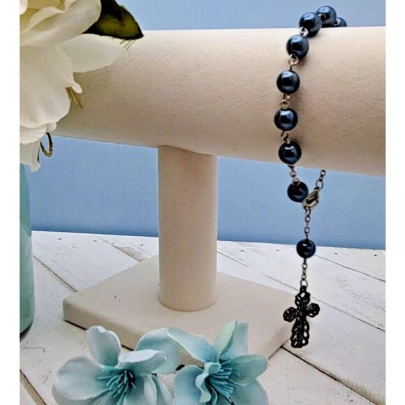 Religious Faith Rosary Style Dark Blue Gray Beaded Ornate Cross Charm Bracelet‎ - Picture 2 of 8